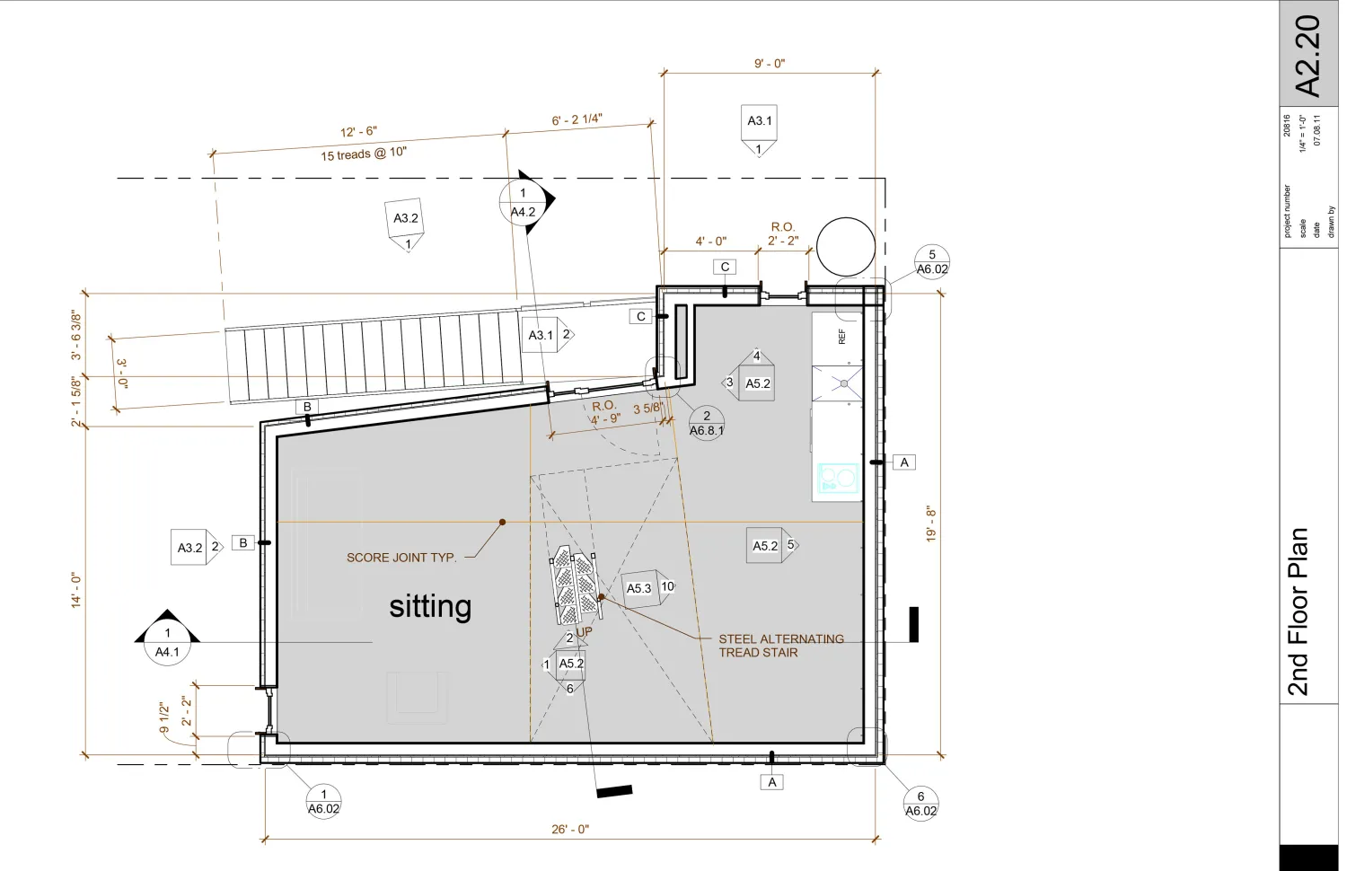 Second level, the kitchen and living space, site plan for Zero Cottage in San Francisco.