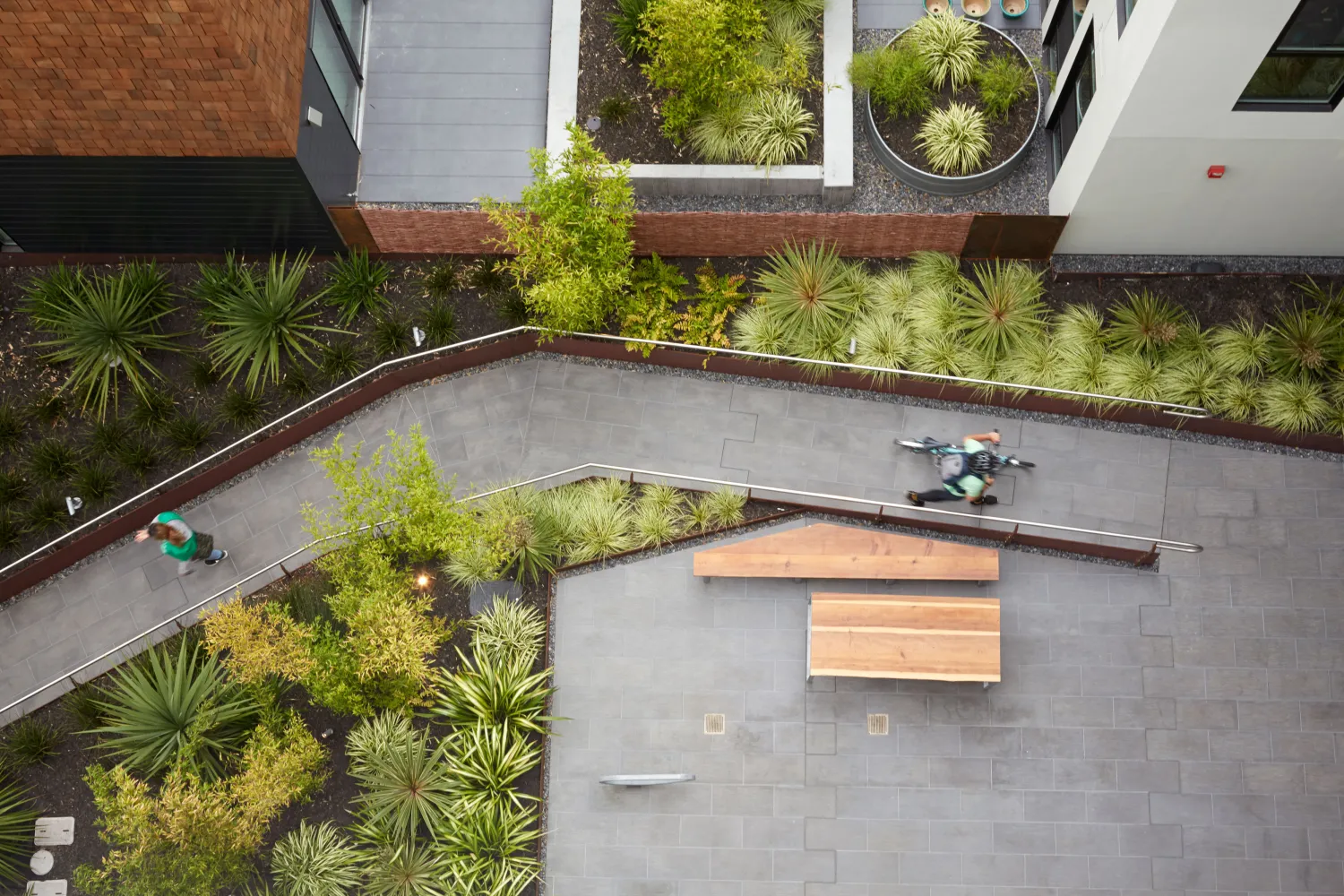 Aerial view of the courtyard with someone walking along a green path at 300 Ivy in San Francisco.