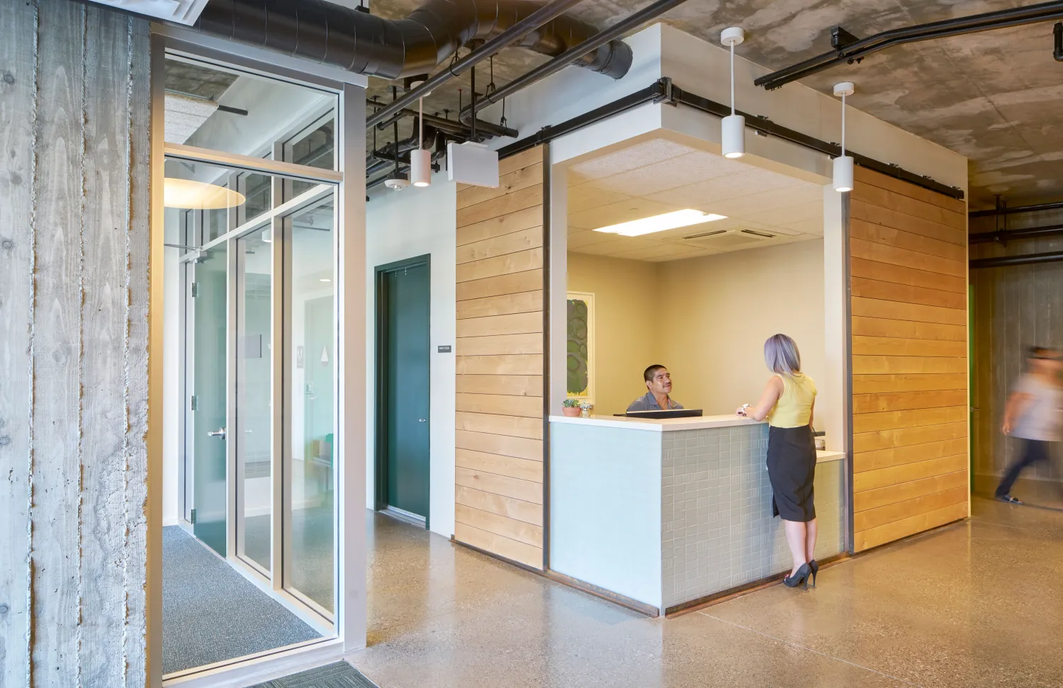 Entrance lobby inside Onizuka Crossing Family Housing in Sunnyvale, California.