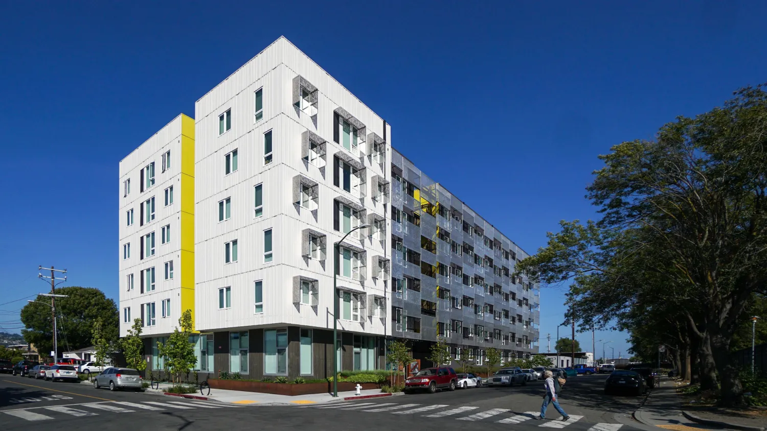 Exterior street view of Coliseum Place in Oakland, California.