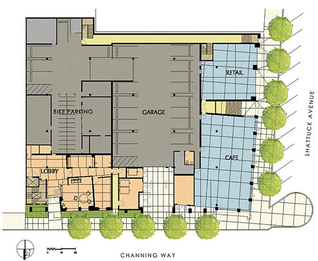 Ground level plan for Manville Hall in Berkeley, California.