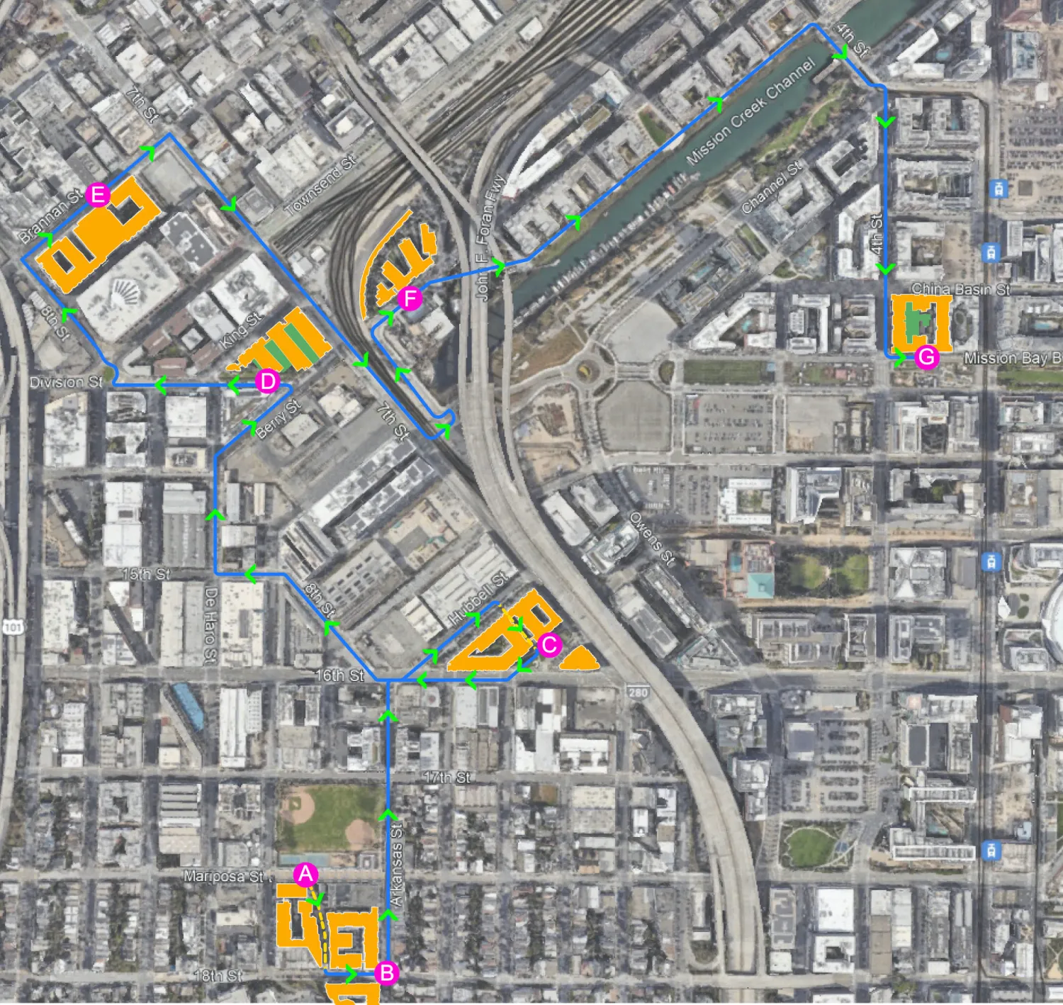 Map of the seven DBA projects you can visit on a bike tour in San Francisco.