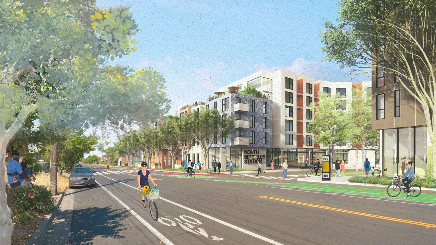 Exterior rendering of Delaware Street at North Berkeley BART site in Berkeley, California.