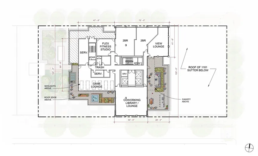 The top level on the fourteenth floor, with a game lounge, fitness studio, and garden at 1101 Sutter in San Francisco.