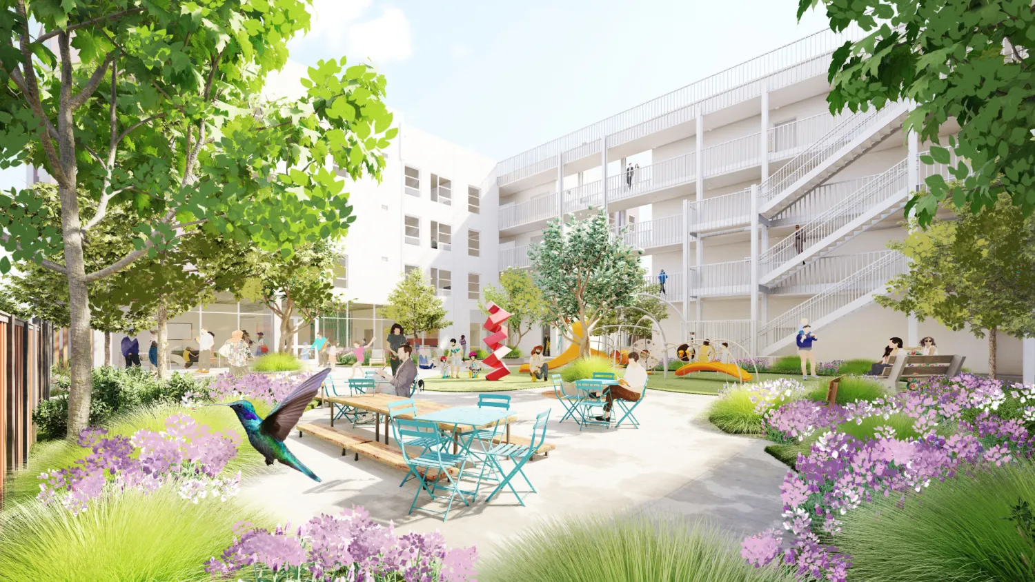 Community courtyard rendering for Colibrí Commons in East Palo Alto, California.