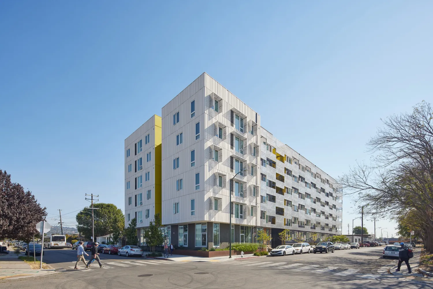 Exterior street view of Coliseum Place in Oakland, California.