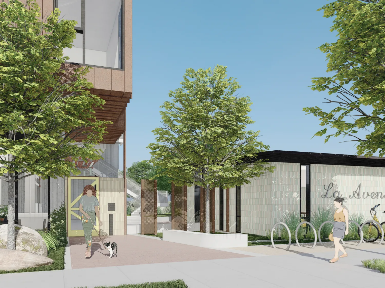 Exterior rendering of the entrance to 1100 La Avenida in Mountain View, California.