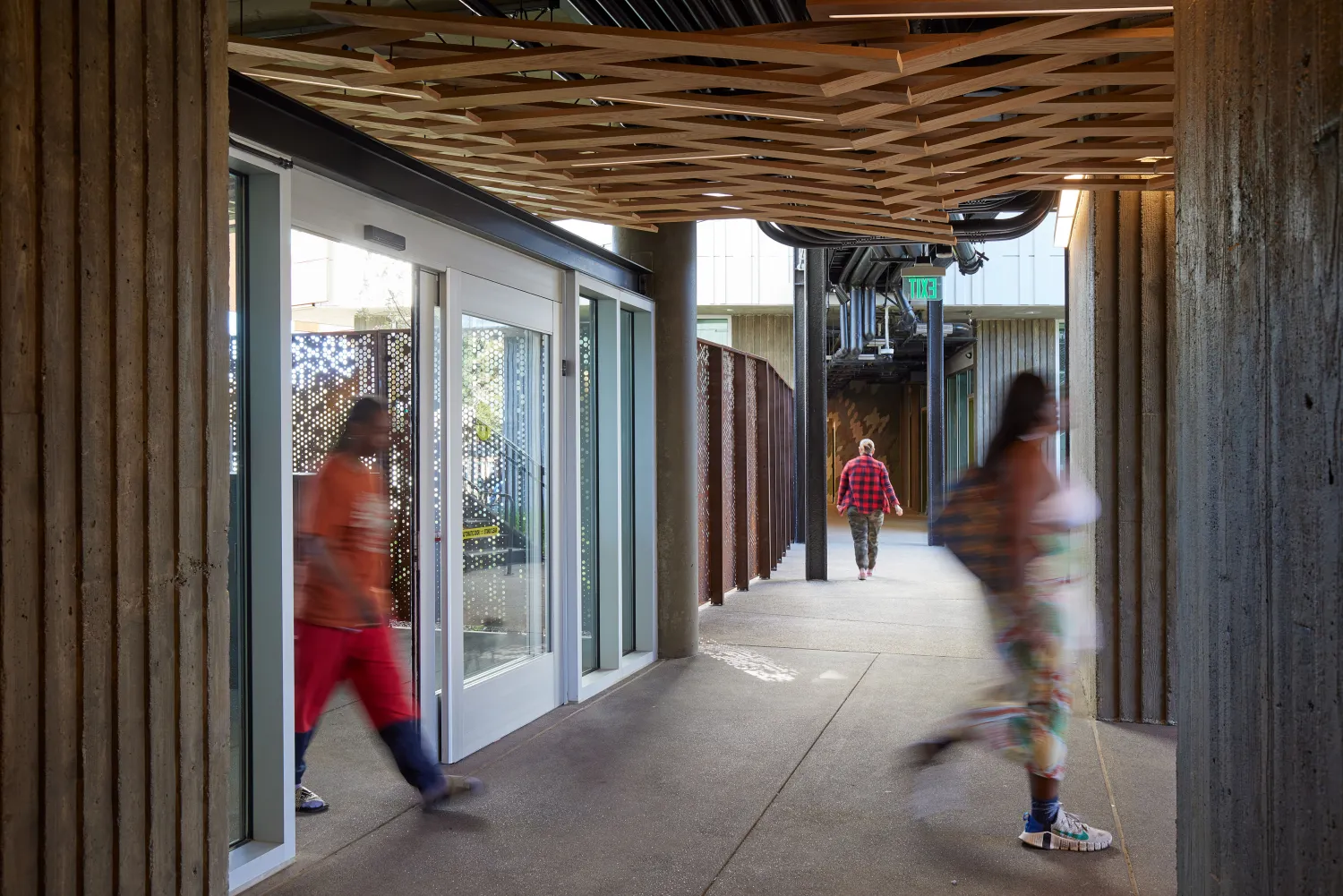 Interior view of the open-air lobby at Blue Oak Landing in Vallejo, California.