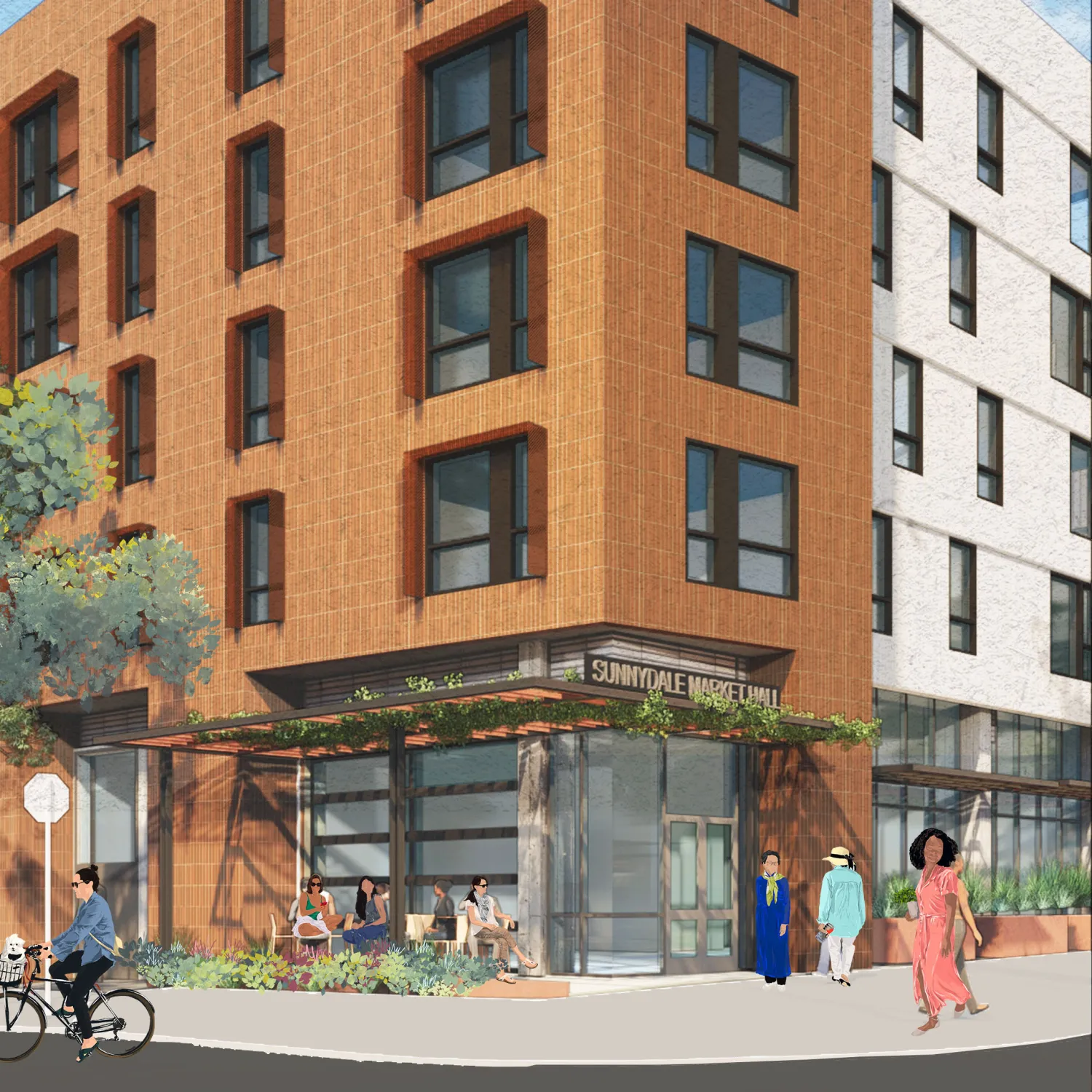 Exterior rendering of the corner of Sunnydale Block 3 in San Francisco.