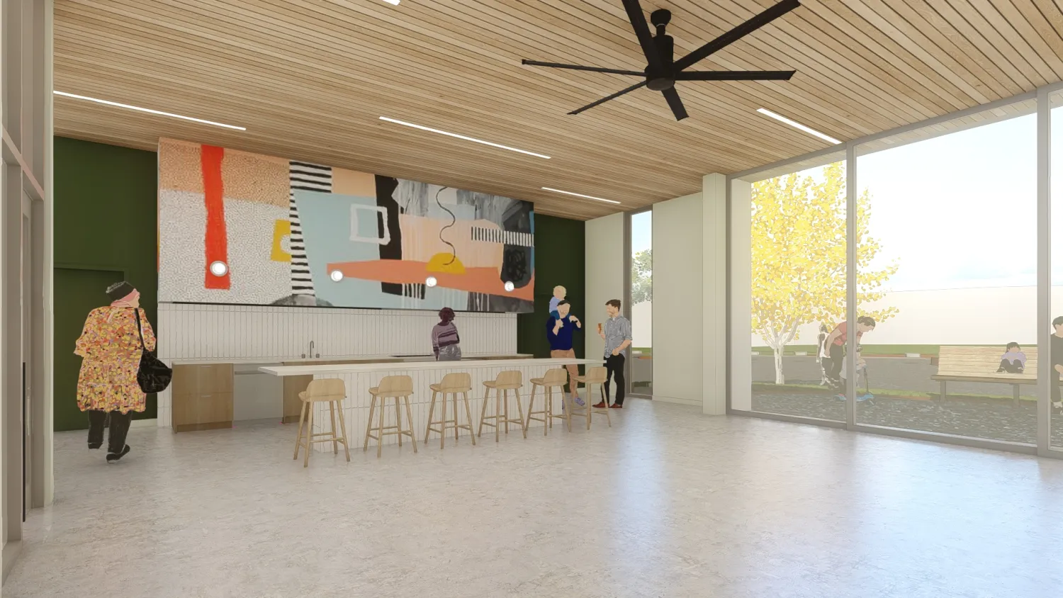Interior rendering of the community room for Park24 in Nashville, Tennessee. 