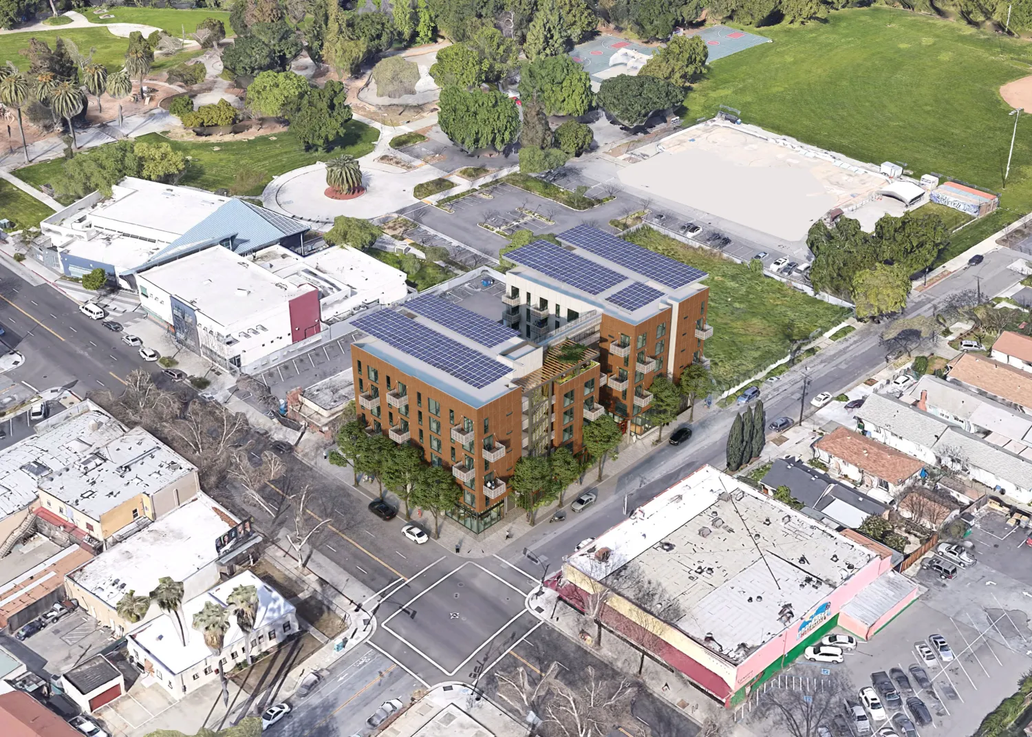 Aerial rendering of The Villages at 995 East Santa Clara in East Santa Clara, Ca.