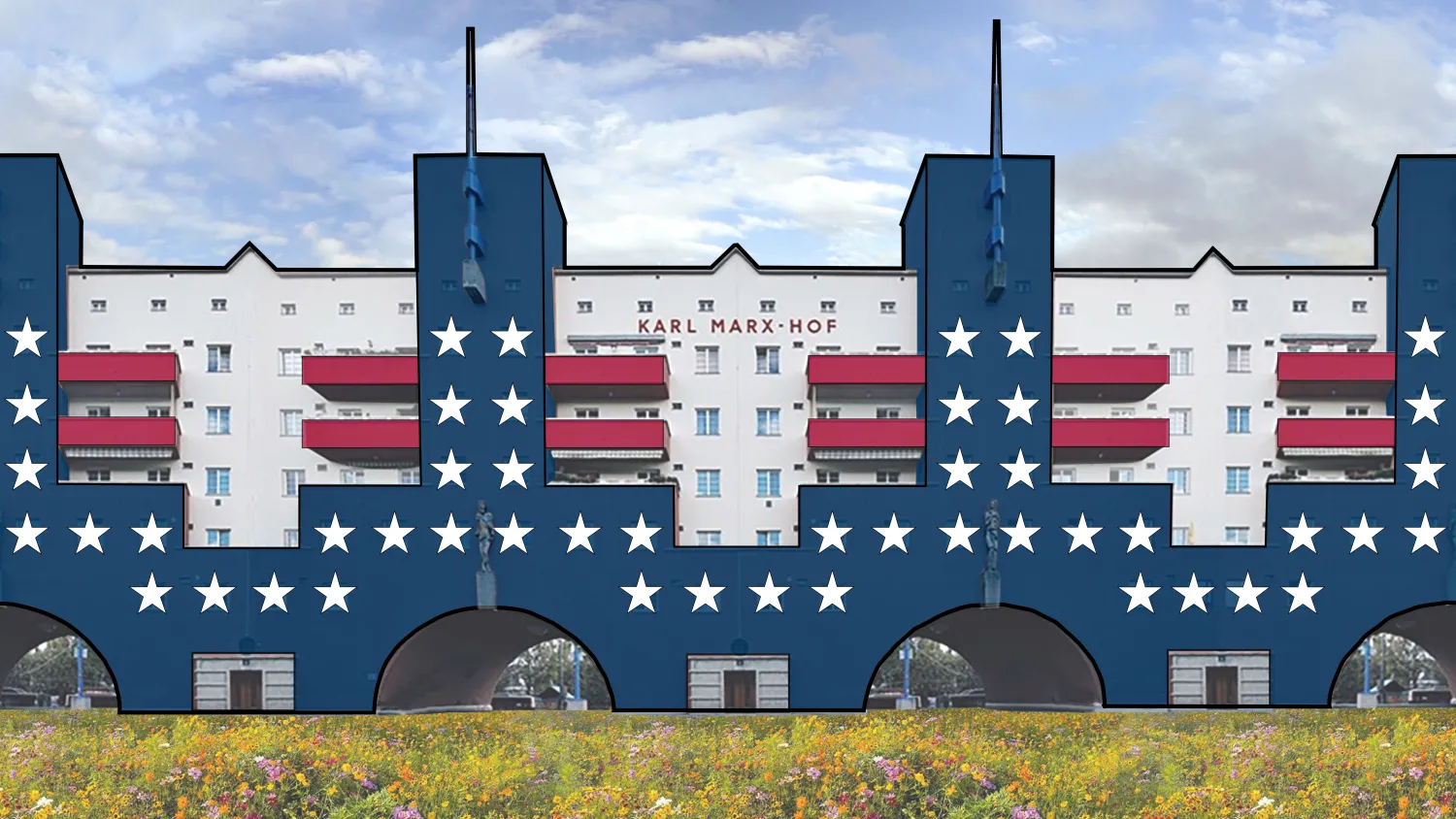 Exterior of Karl Marx Hoff Collage with graphics of red, white and blue on it.