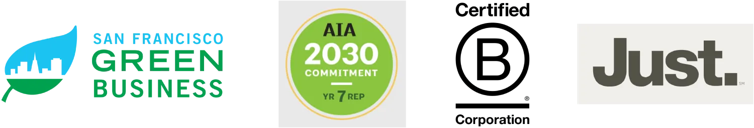 Icons for San Francisco Green Business, AIA 2030 Commitment, Certified B Corp, and Just Organization.