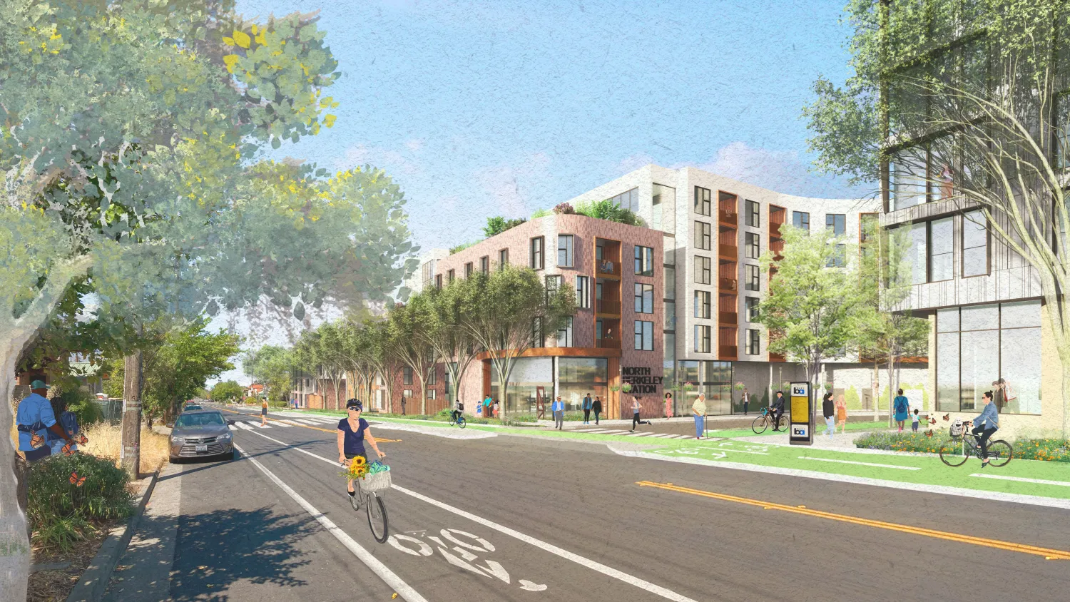 Exterior rendering of North Berkeley BART at Delaware Street in Berkeley, California.