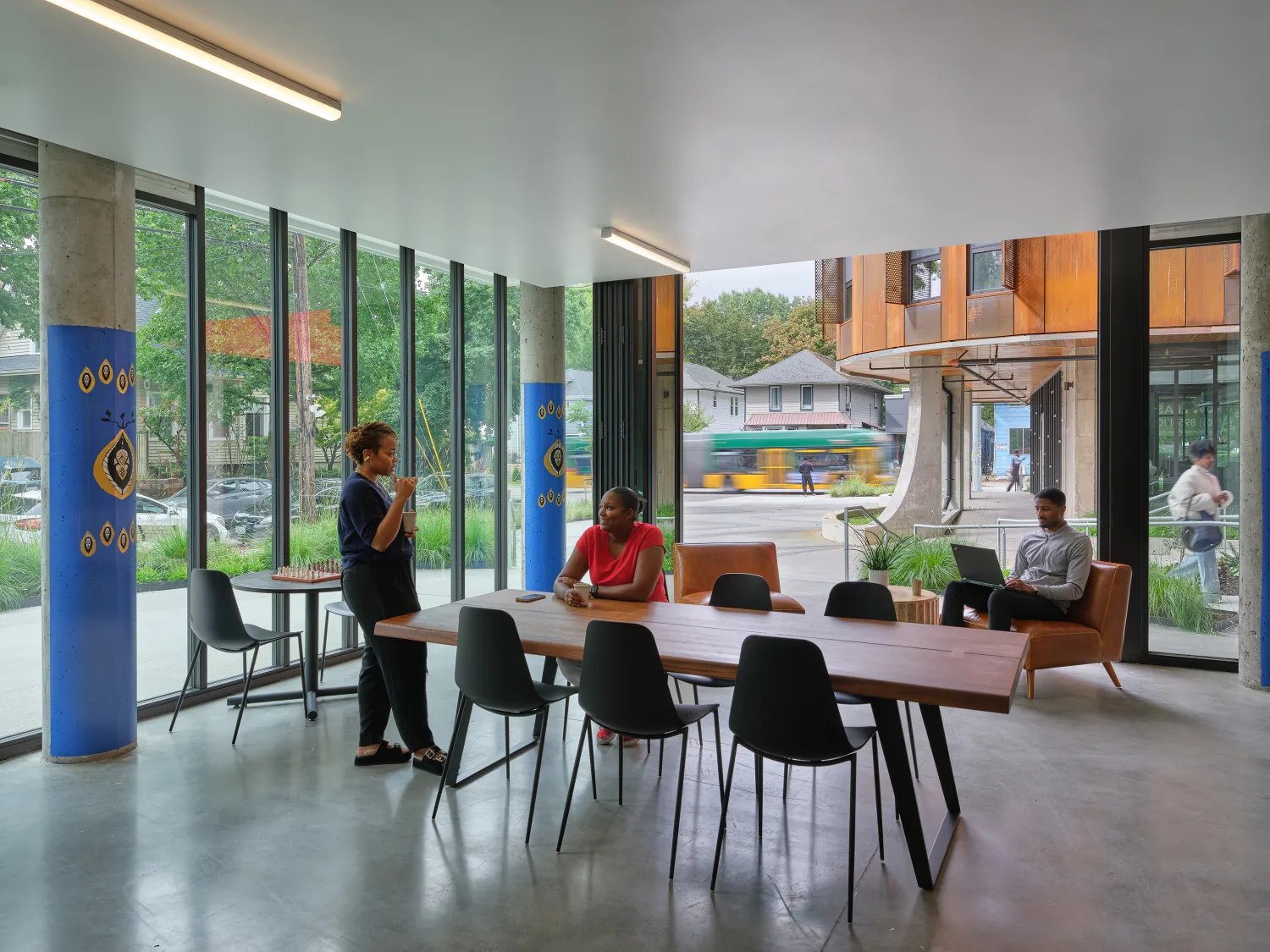 Interior view of Africatown Plaza lobby in Seattle.