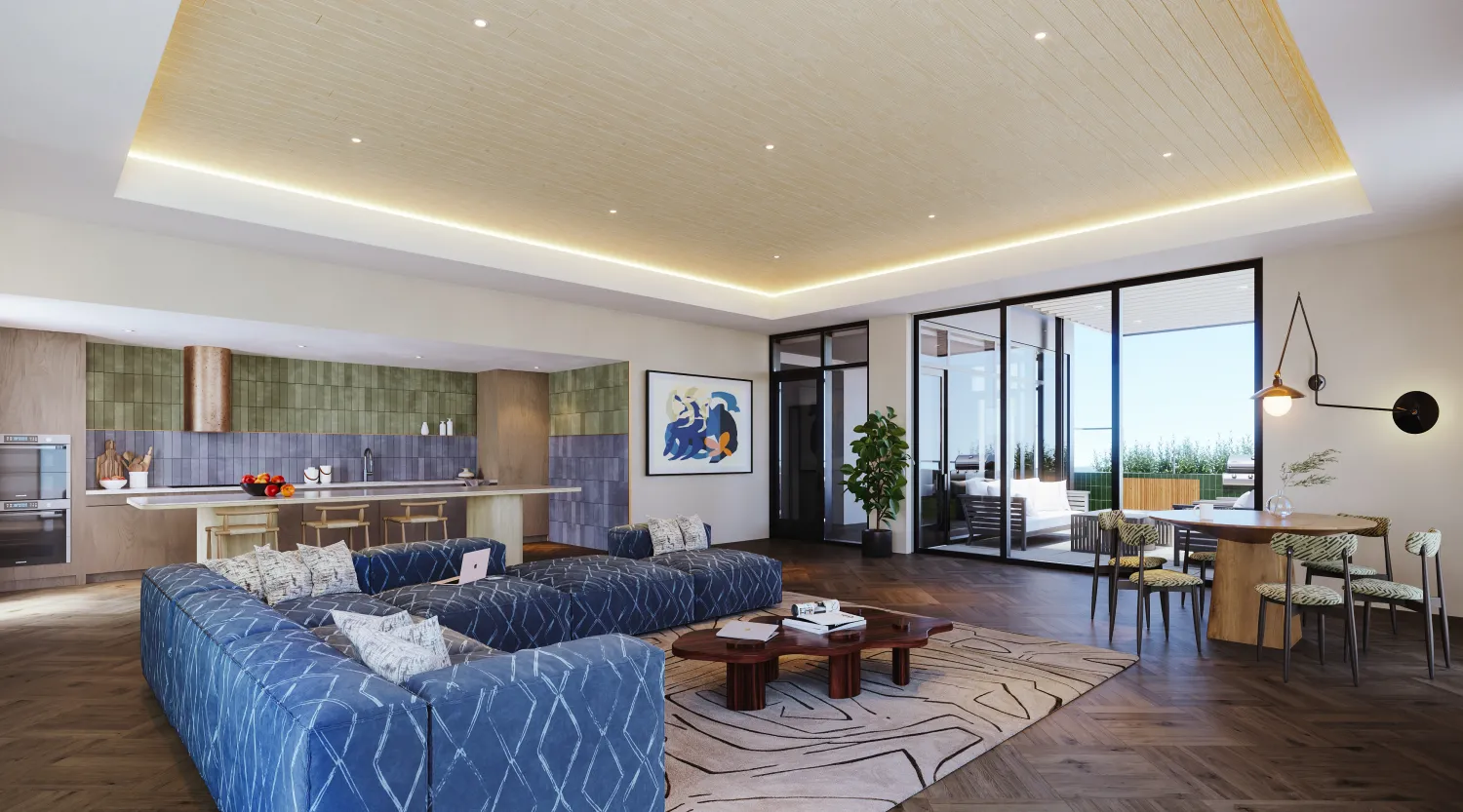 Interior rendering of the resident lounge inside 420 Mendocino in Santa Rose, California.