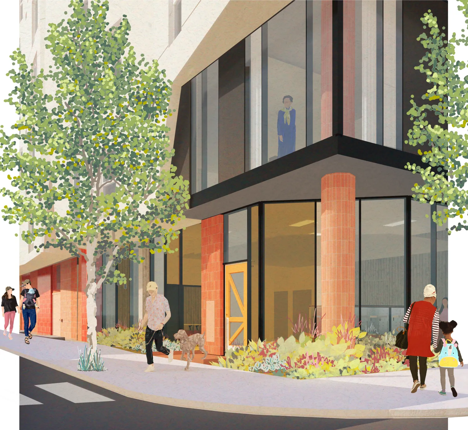 Exterior rendering of the entry to 750 Golden Gate.