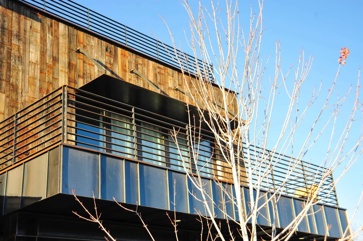 Exterior view of Truckee Prototype Mixed-Use Townhouse balcony in Truckee, California.