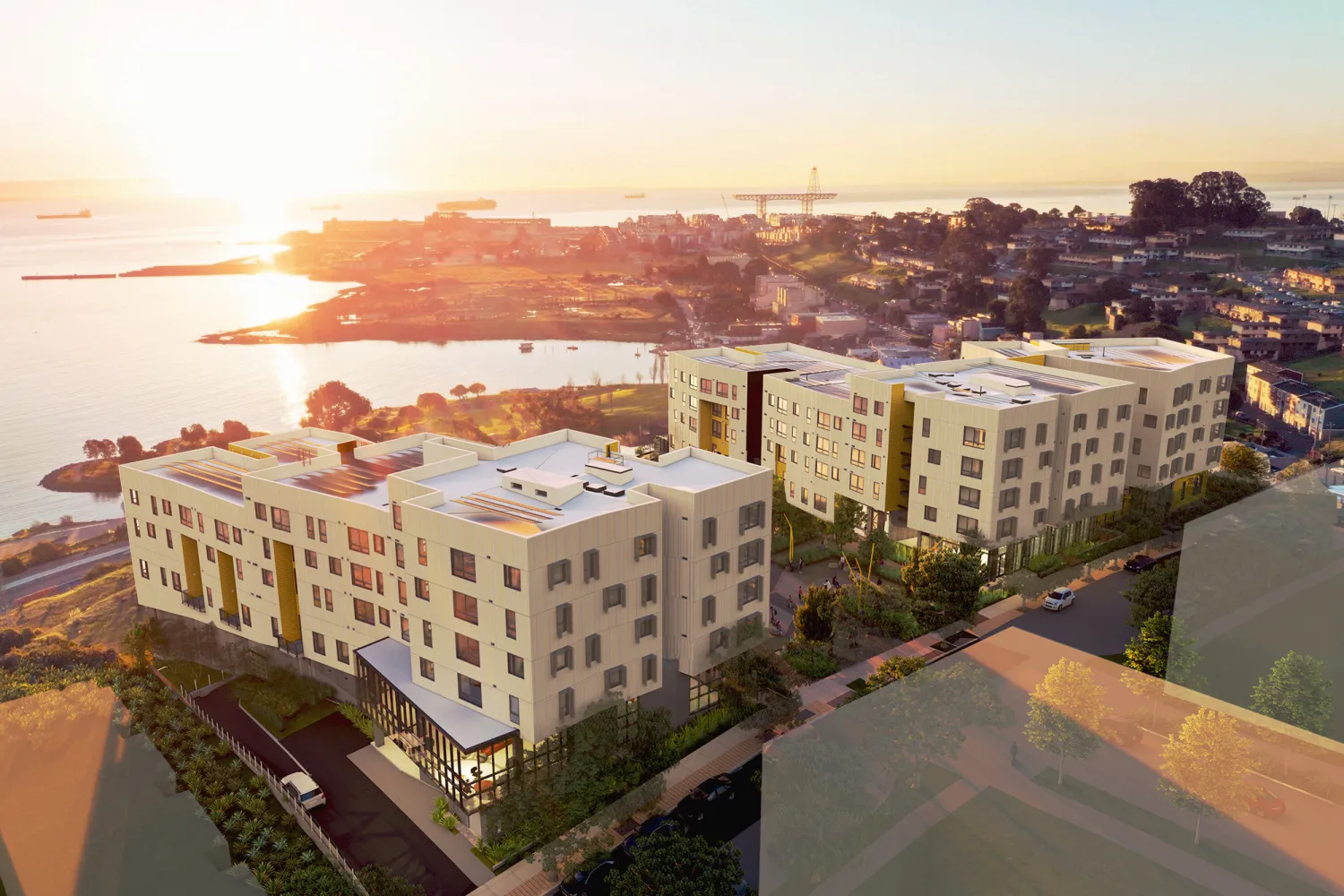 Aerial rendering of Hunters View Phase 3 at sunset. 