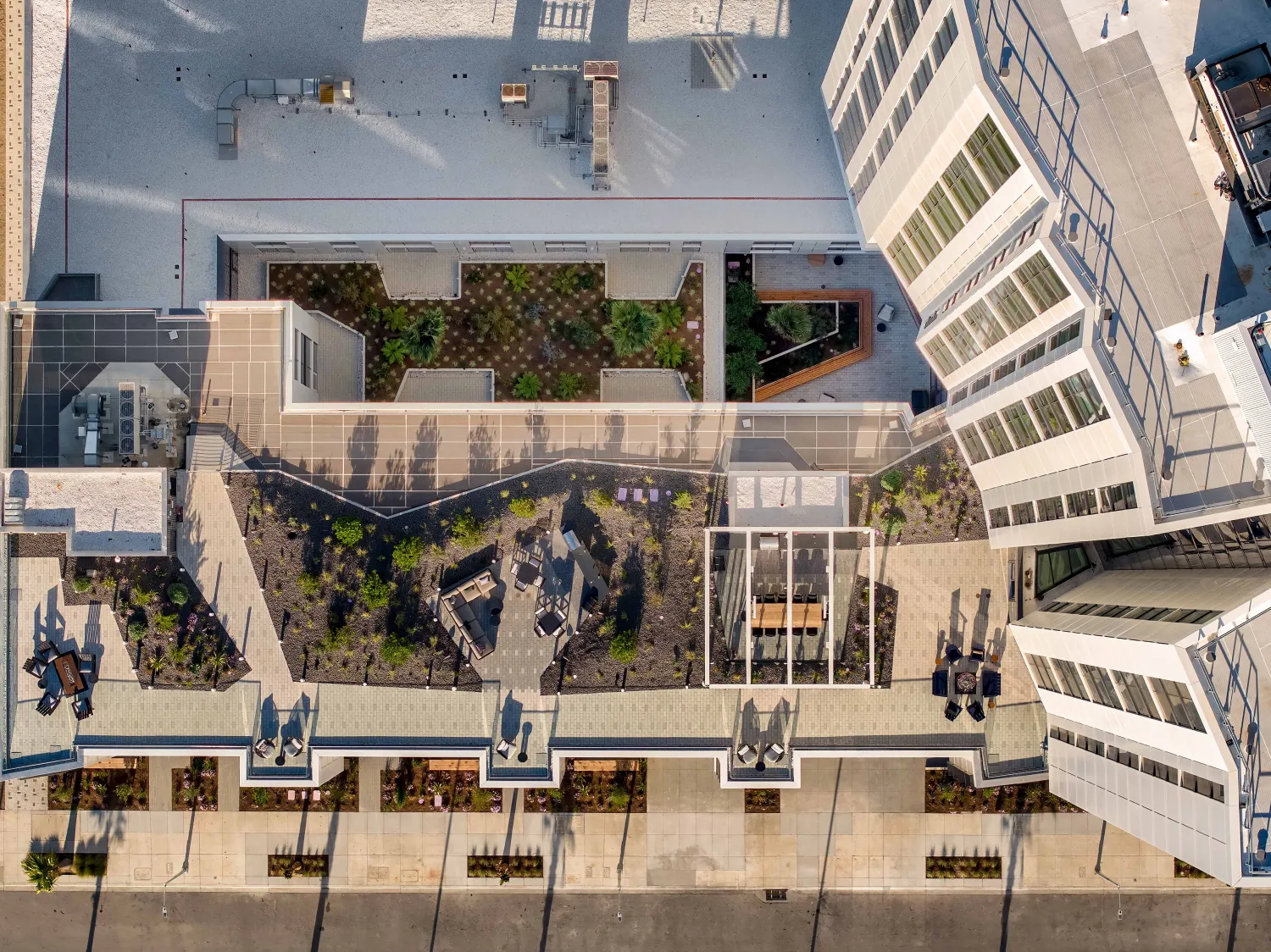 Aerial view of the resident lounge at Isle House on Treasure Island in San Francisco.