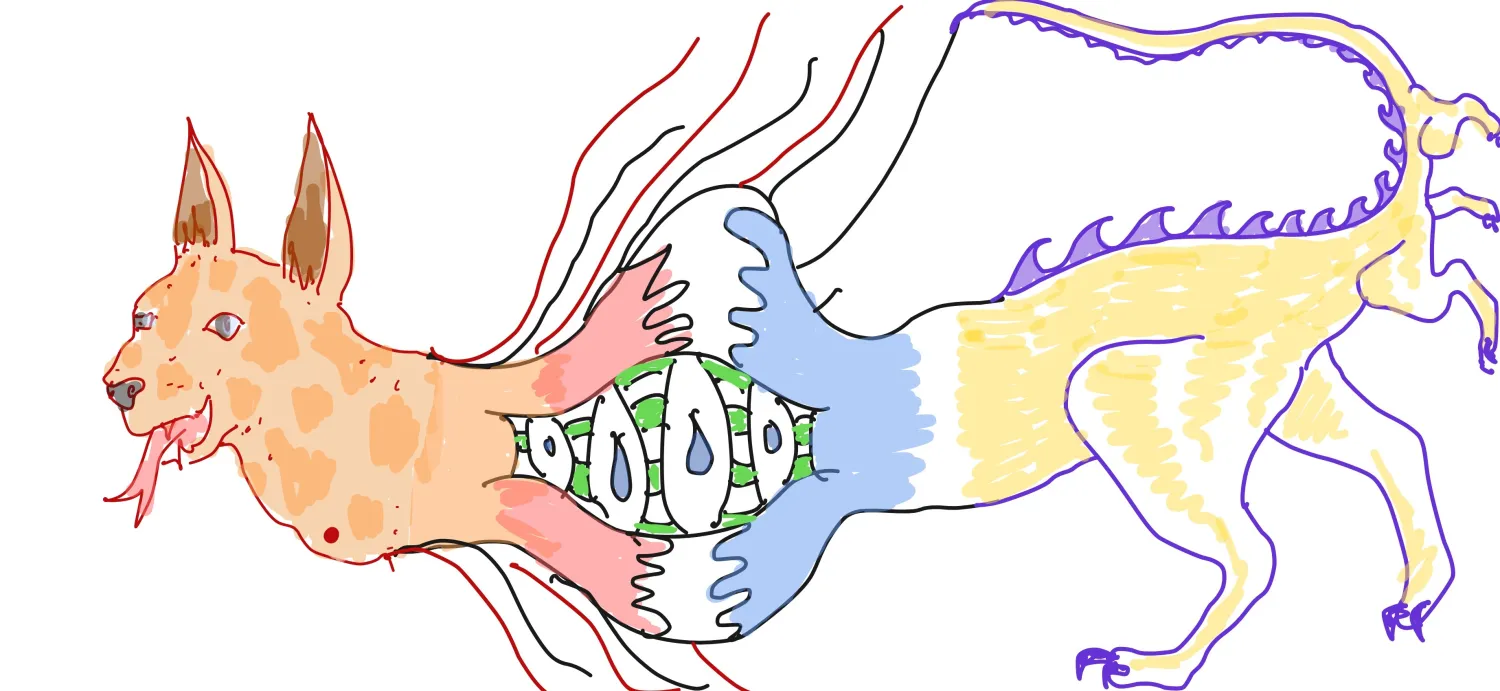 Illustration of an imaginary creature created by three artists drawing one part without seeing the other two