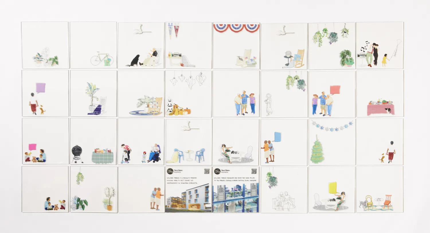 Flay lay of acrylic cards showing figures and accessories