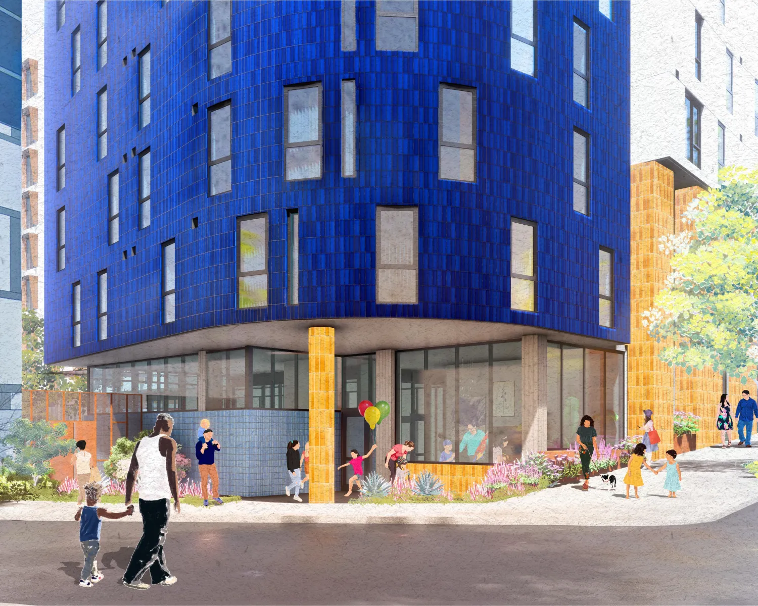 Exterior rendering of the early learning center entry to 1515 South Van Ness.