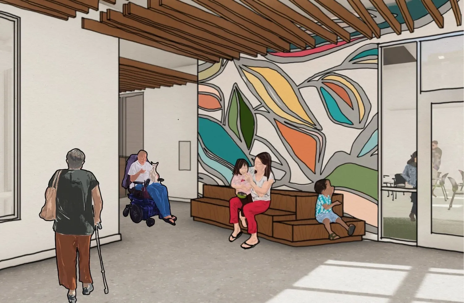 Rendering of lobby with bright mural and sculptural bench