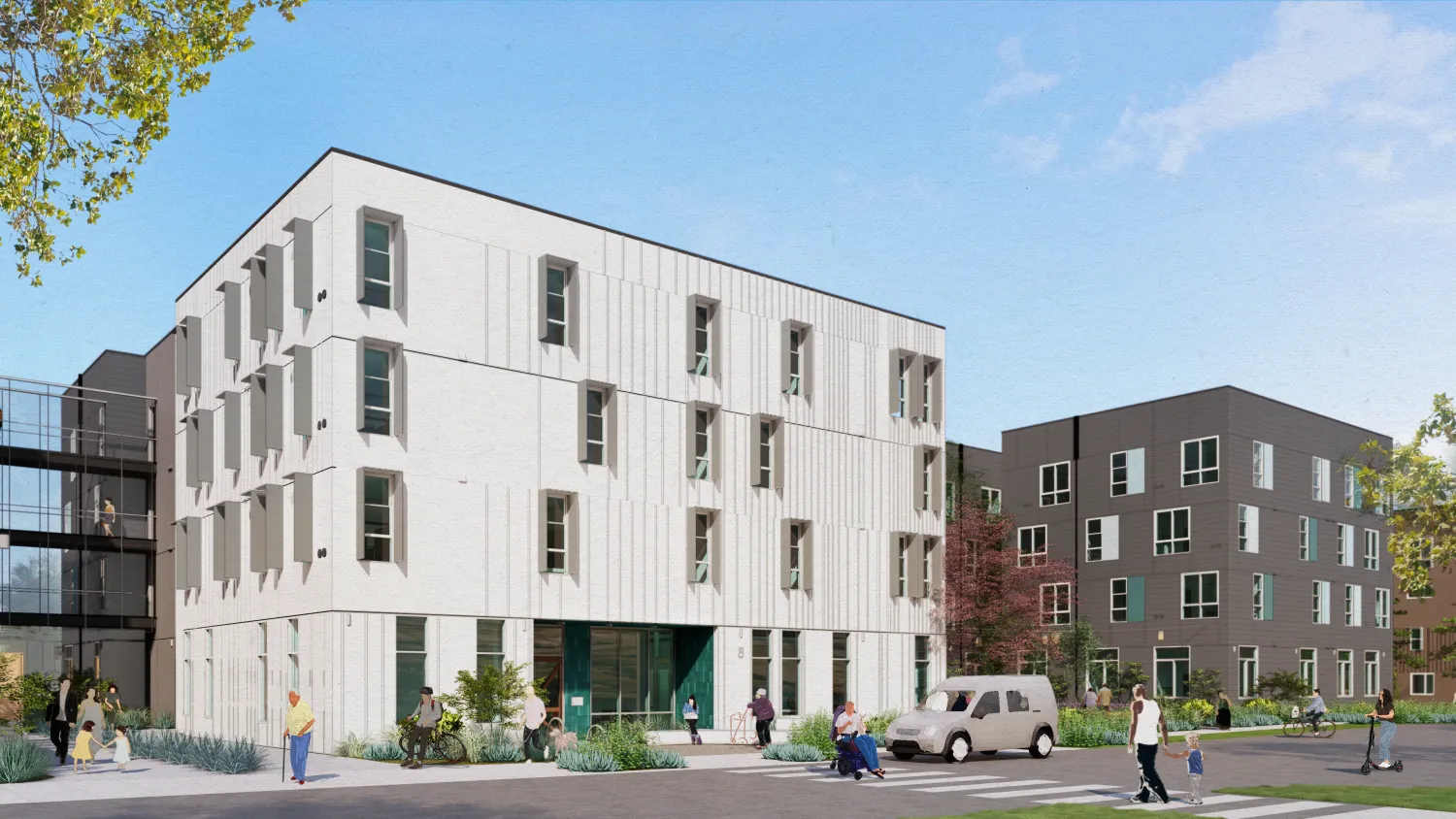 Rendering of white apartment building against blue sky