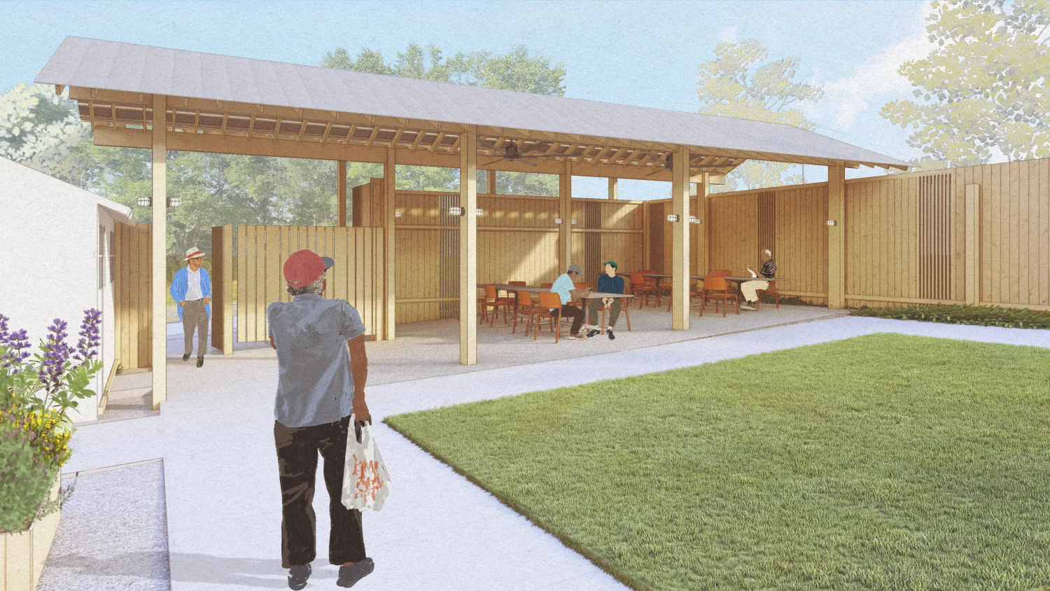 Person walking toward wood pavillion