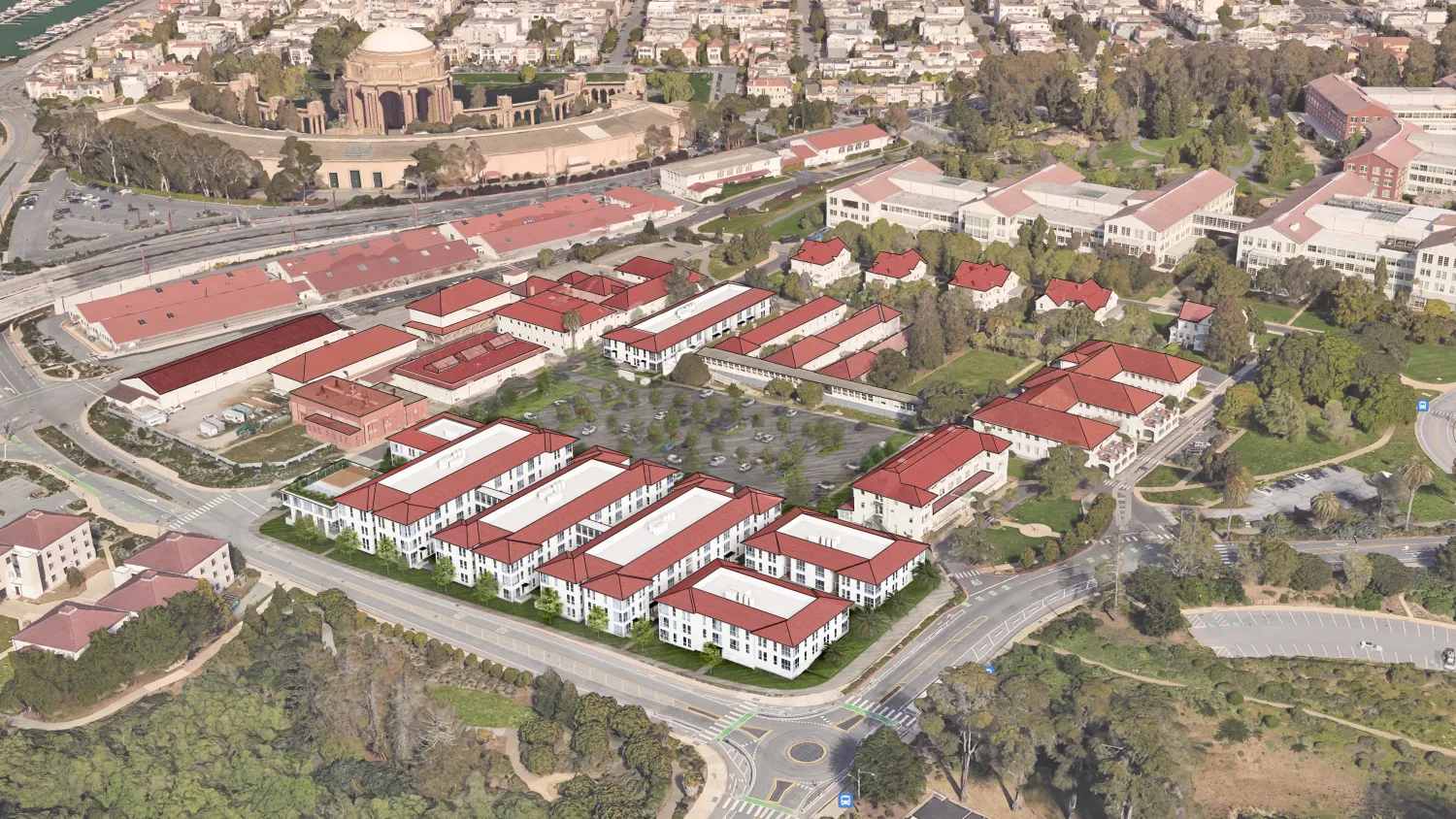 Aerial rederened view of reused buildings as apartments with red roofs