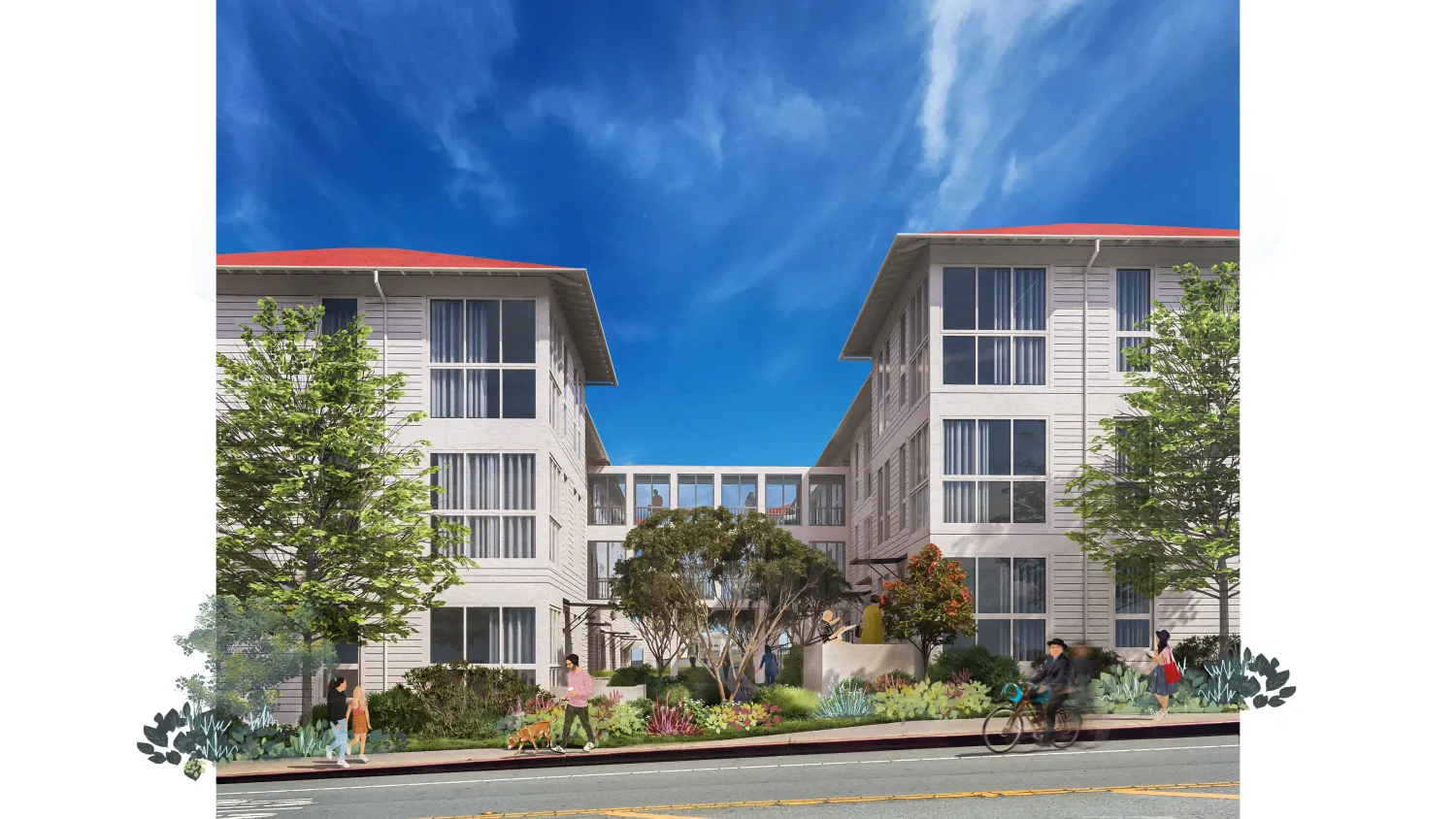 Rendered view of two apartment buildings and courtyard between