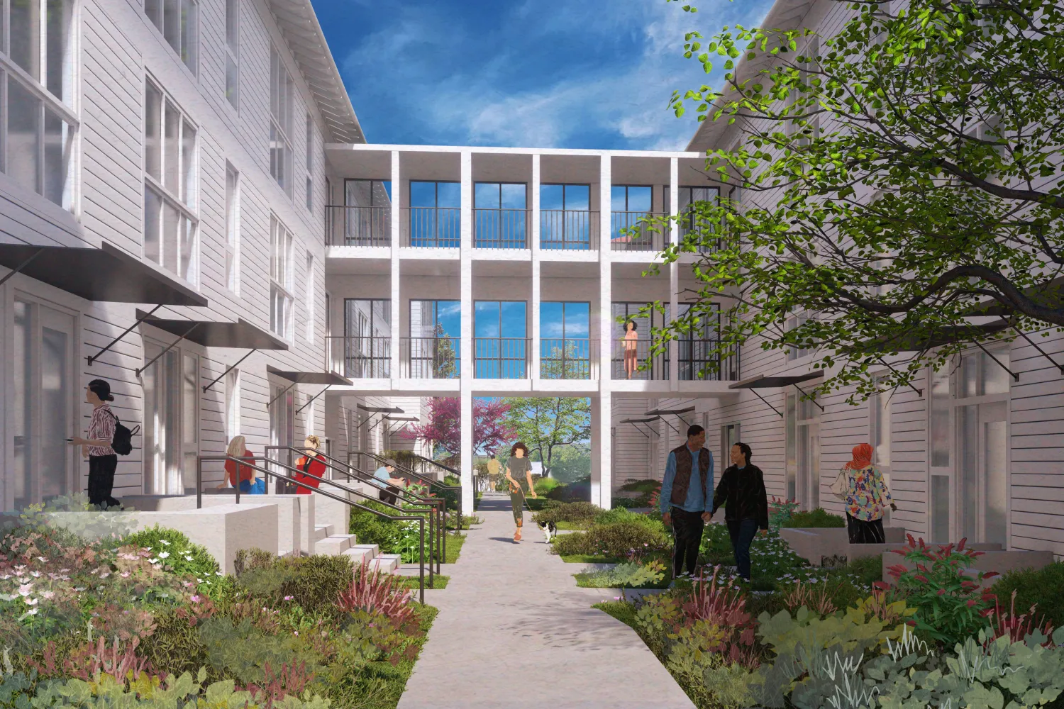 Rendering of two apartment buildings with connective walkways