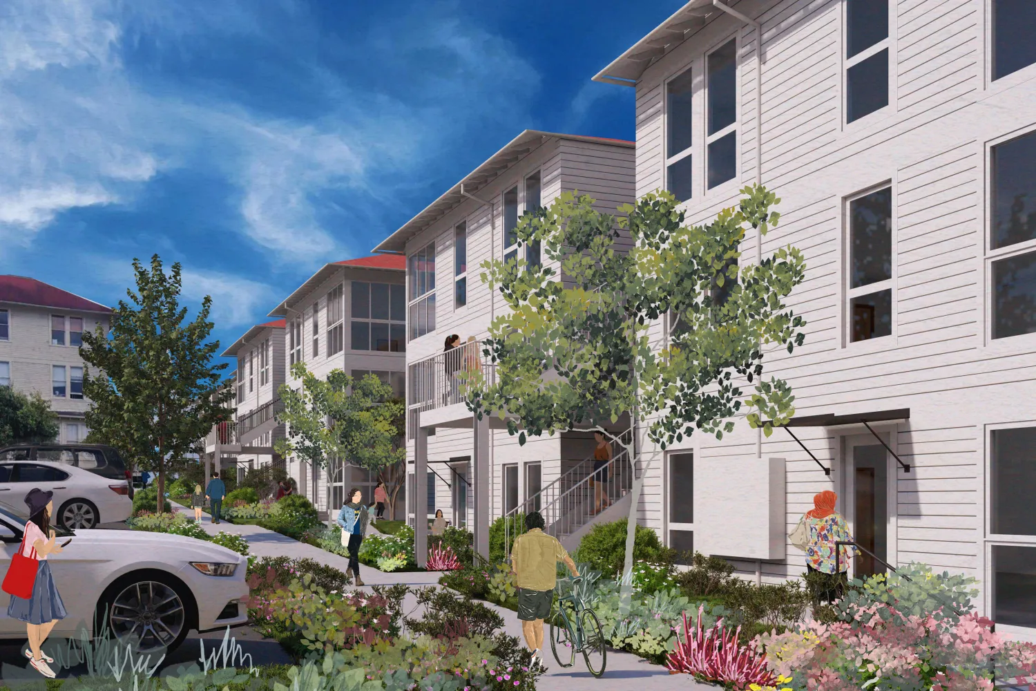 Rendered view of white apartment building shows exterior stairs