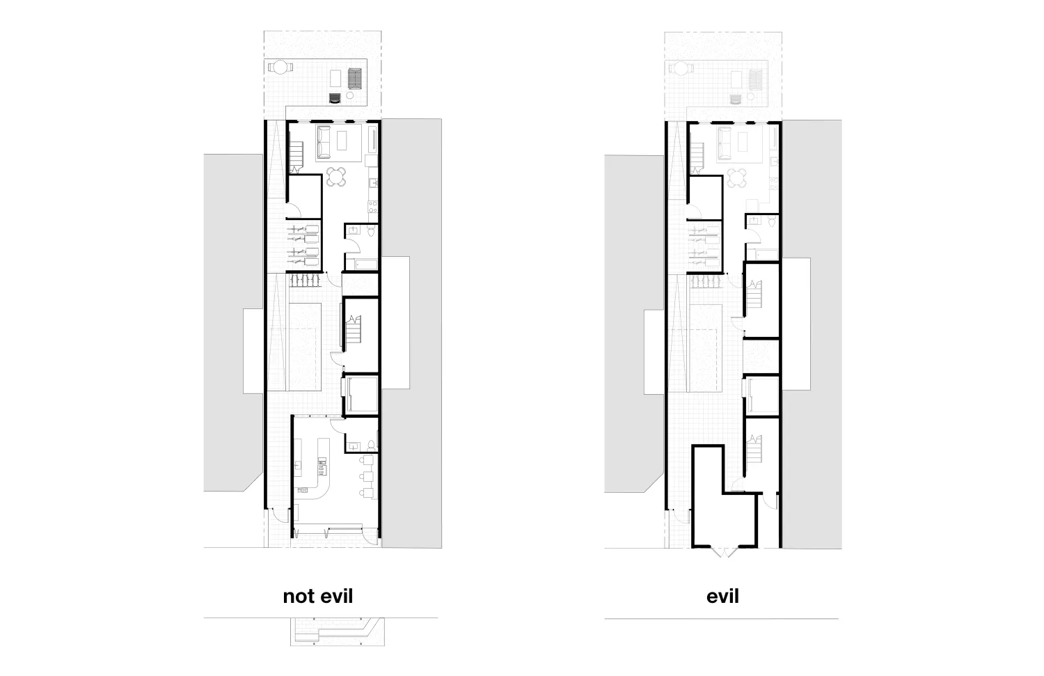 Plan view of two apartments showing layout difference with single stair and not - level 1