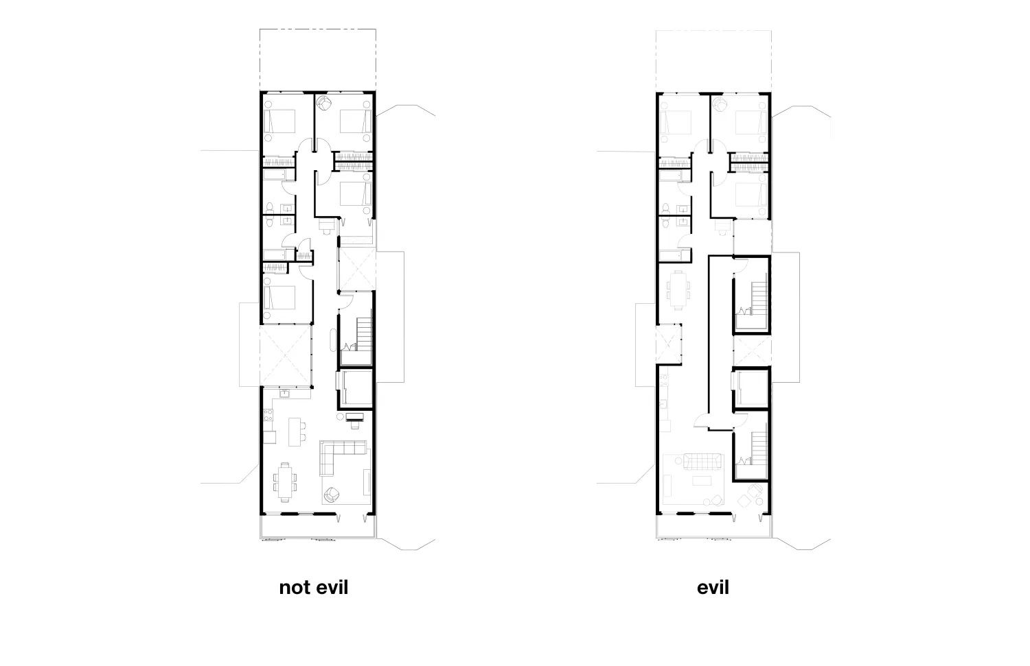 Plan view of two apartments showing layout difference with single stair and not - level 5