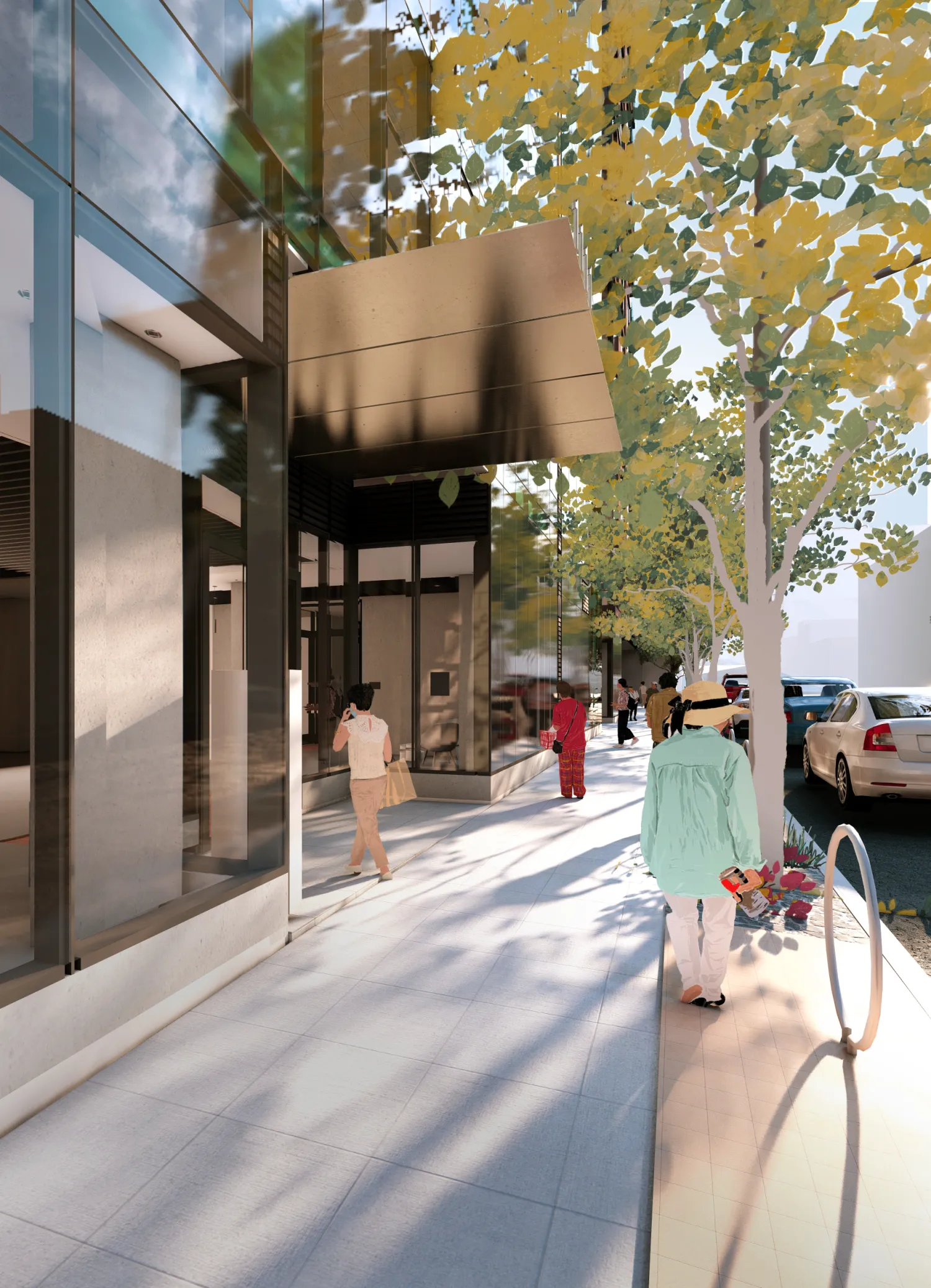 Building entrance canopy and sidewalk with tree and people