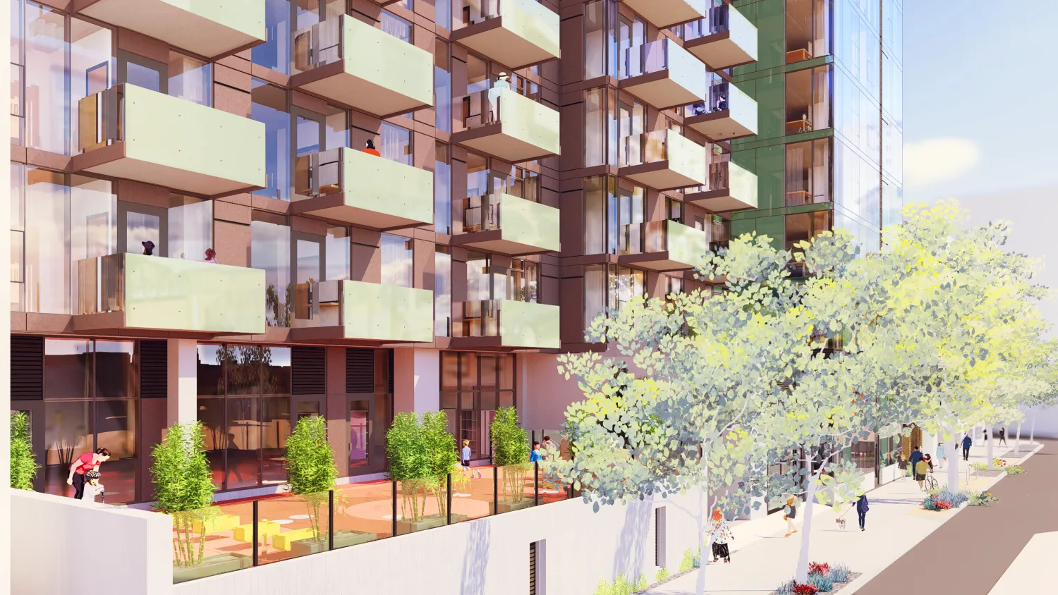 Paved outdoor space in front of building with balconies 