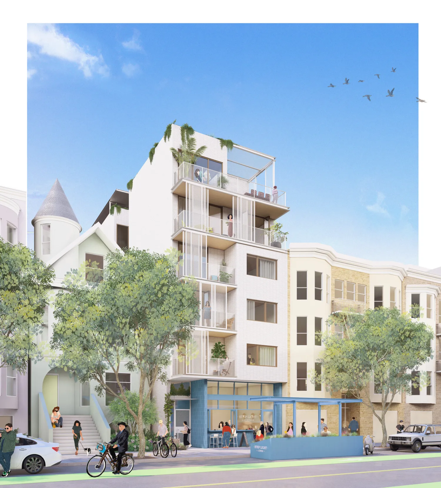 Rendering of single-stair apartment building in context