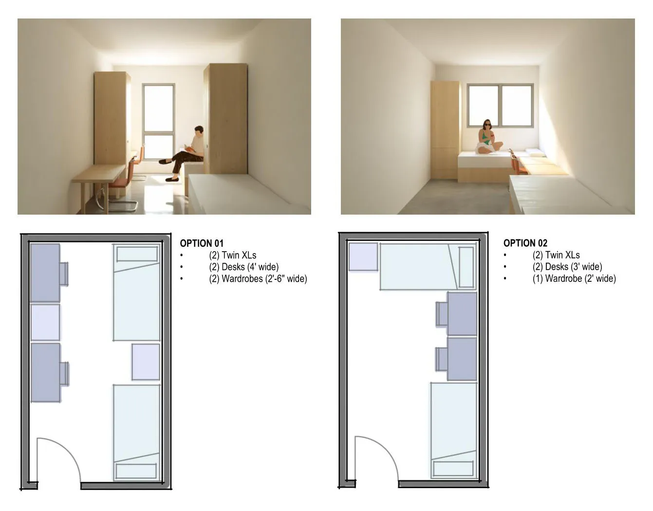 Two photos of rooms with windows and plans beneath