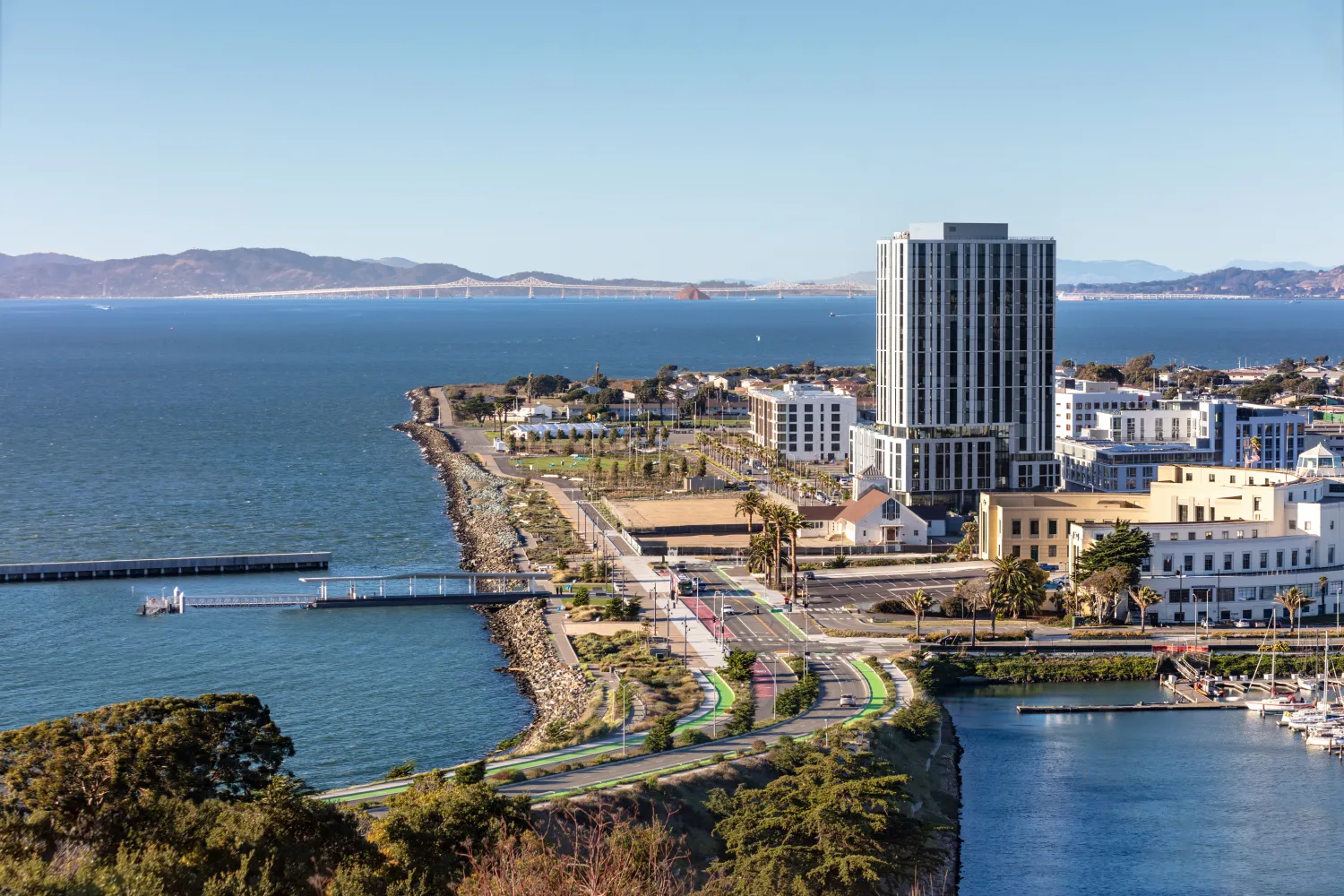 View of apartment building on Treasure Island and the Bay