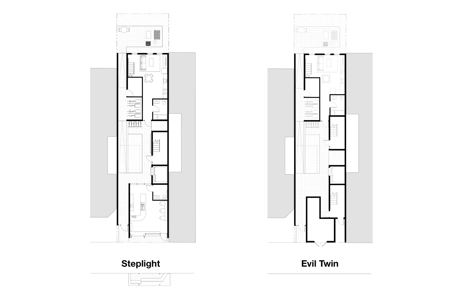 Plan view of two apartments showing layout difference with single stair and not - level 1