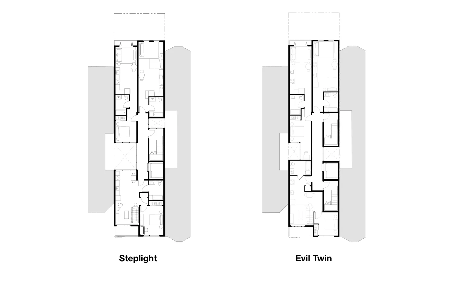Plan view of two apartments showing layout difference with single stair and not - level 2