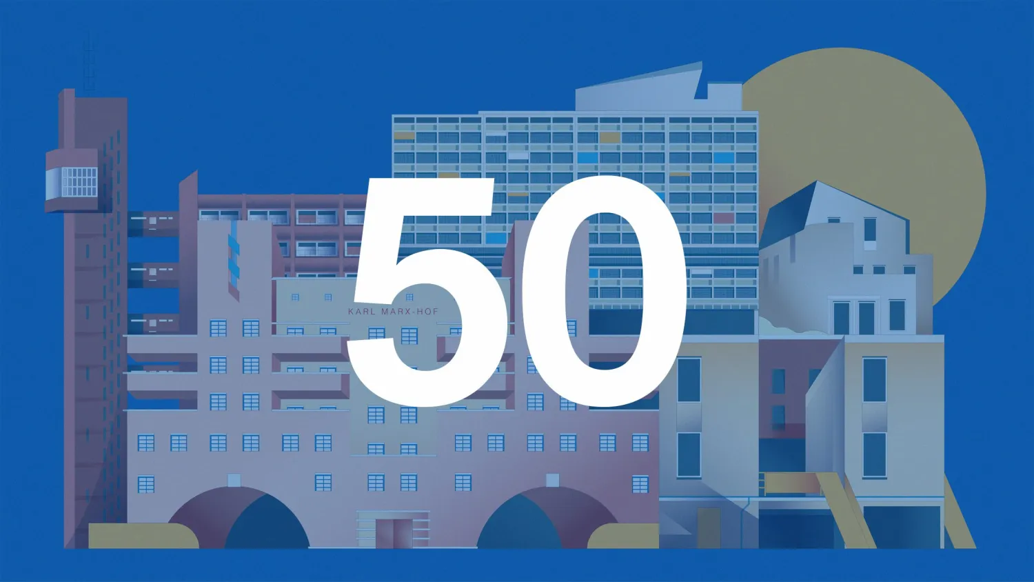 Numeral 50 appears over an abstract illustration of city buildings