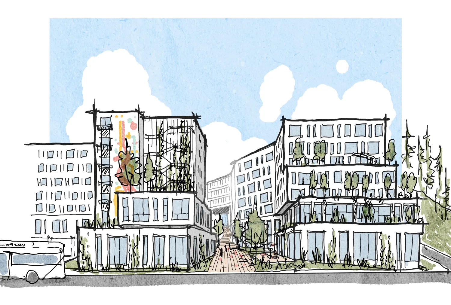 Sketch of two buildings with walkway between