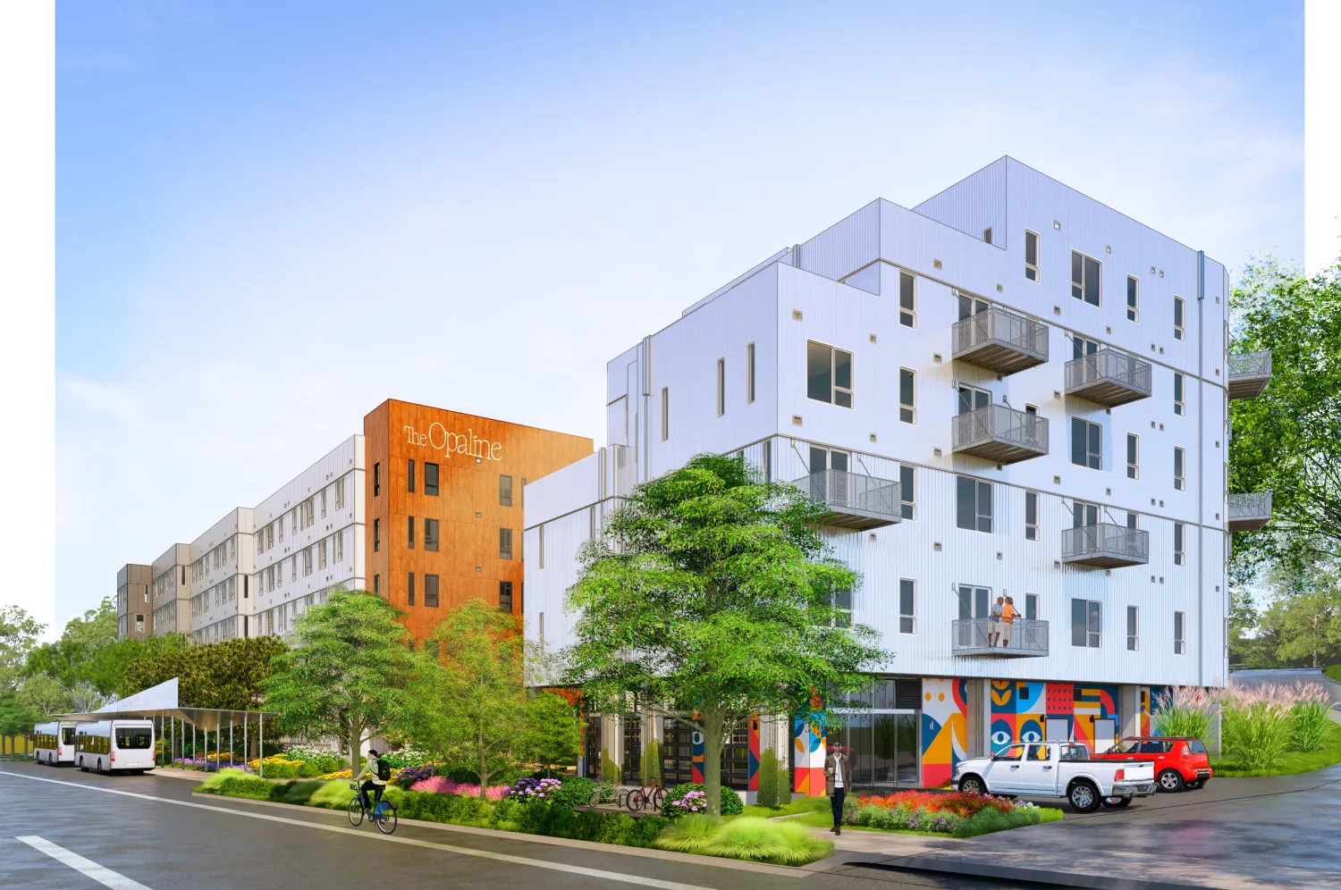 White building in foreground with orange in the background