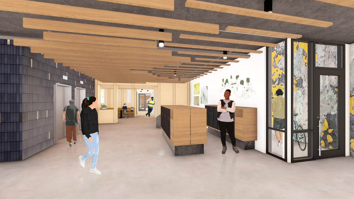 Rendering view of lobby interior with dark tile at elevators, wooden mailboxes, and various seating areas.