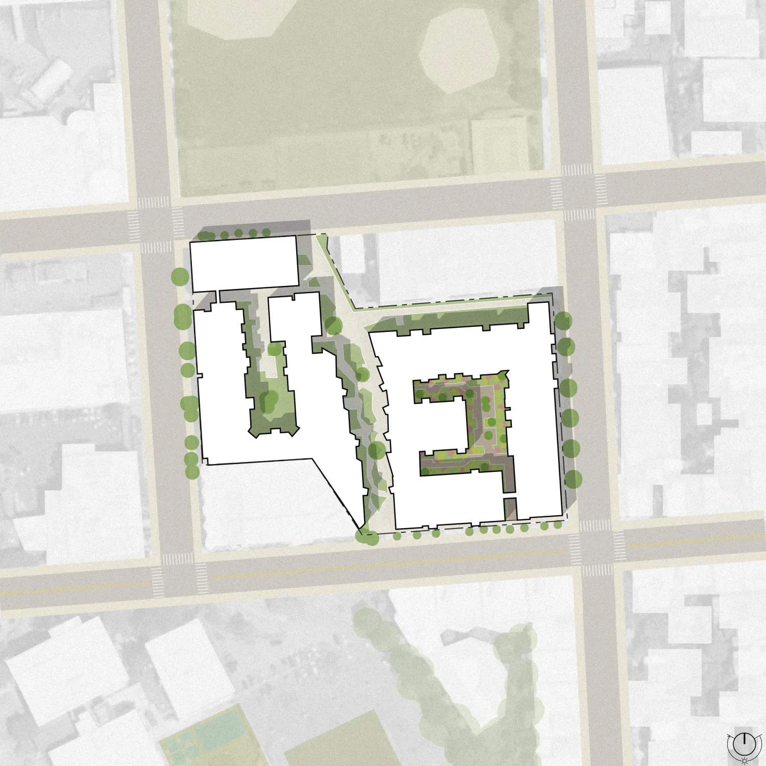 Site plan of apartment building and path between