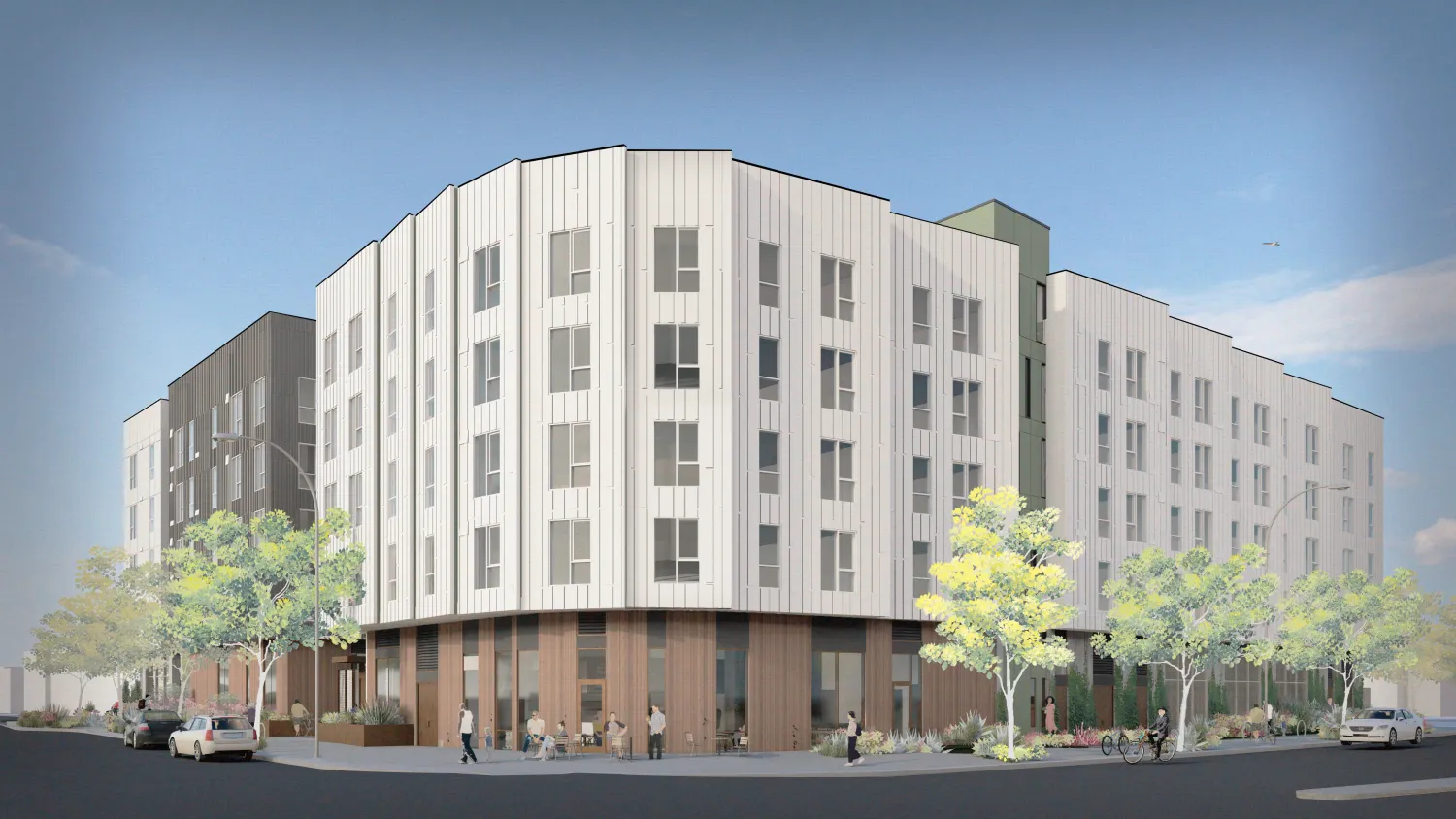 Rendering of the buildings distinctive sawtooth facade with a woodclad first floor, visualized from the corner of Thornton Avenue and Post Street.