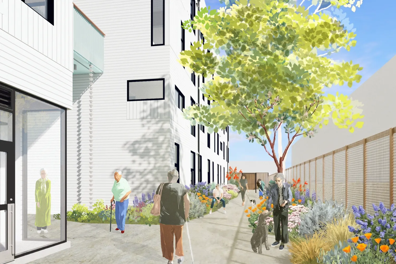 A courtyard rendering of Trillium Senior Housing illustrating the walkway to the building entrance.